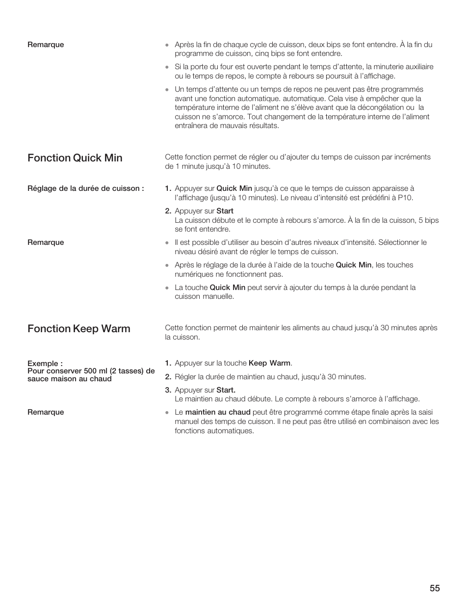 Fonction quick min, Fonction keep warm | Bosch HMB5051 User Manual | Page 55 / 124
