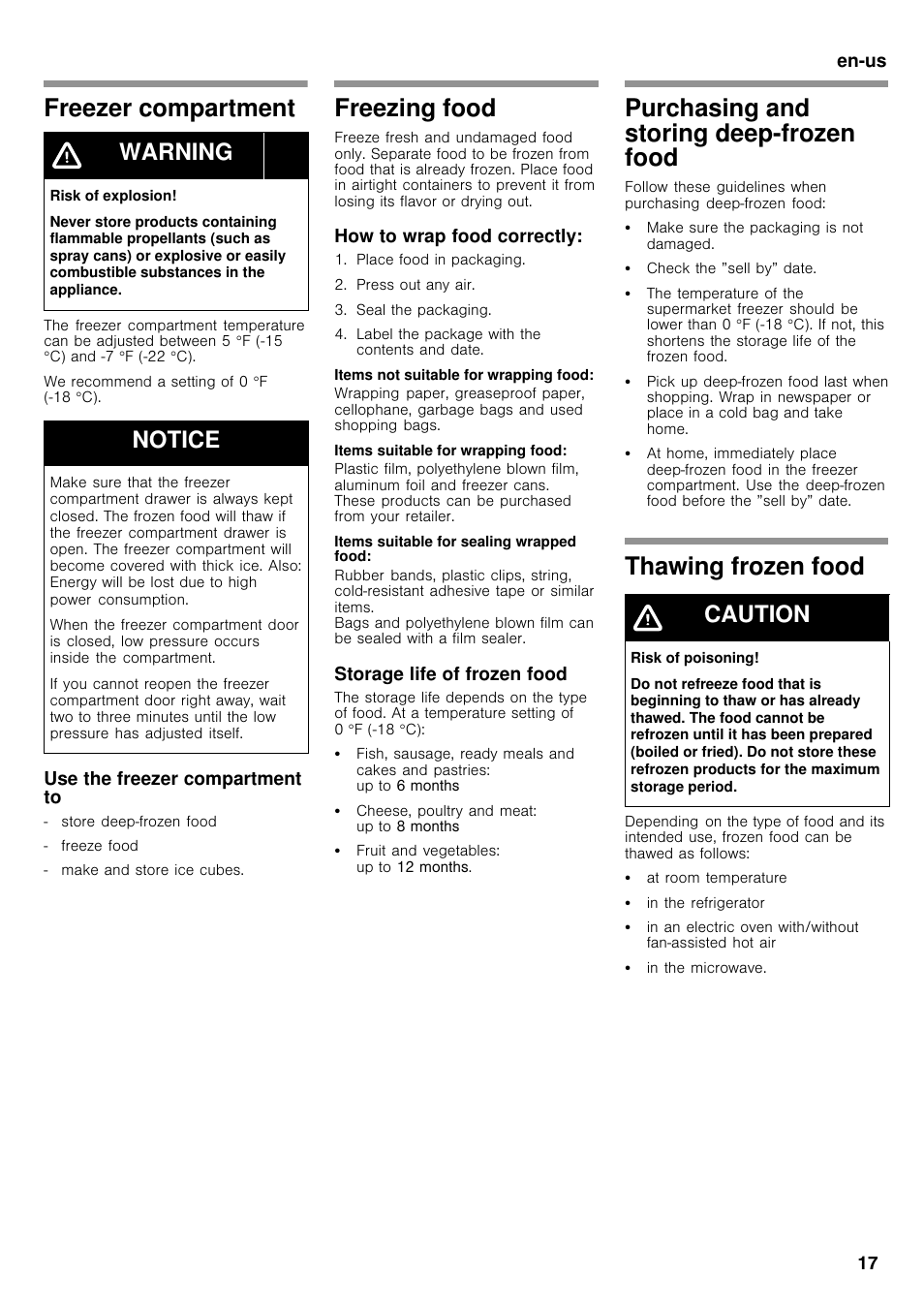 Freezer compartment, Freezing food, Purchasing and storing deep-frozen food | Thawing frozen food, Warning, Notice, Caution | Bosch B26FT70SNS User Manual | Page 17 / 78