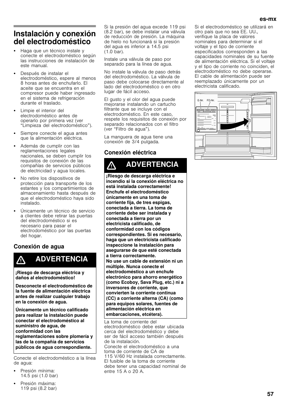Instalación y conexión del electrodoméstico, Advertencia, Es-mx 57 | Conexión de agua, Conexión eléctrica | Bosch B26FT70SNS User Manual | Page 57 / 78