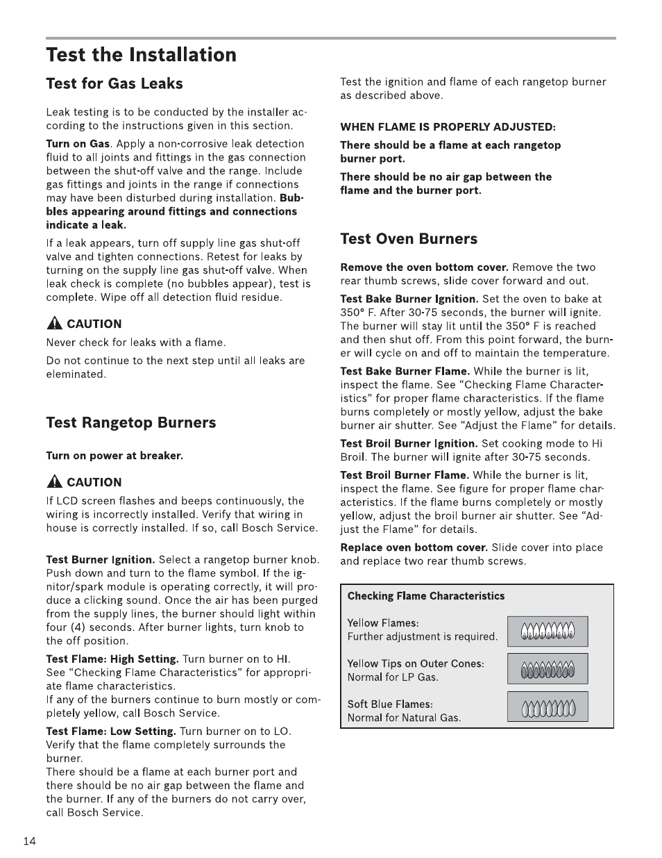 Test the installation, Turn on power at breaker, When flame is properly adjusted | Checking flame characteristics, Test for gas leaks, Test rangetop burners, Test oven burners | Bosch HDI7282U User Manual | Page 14 / 48