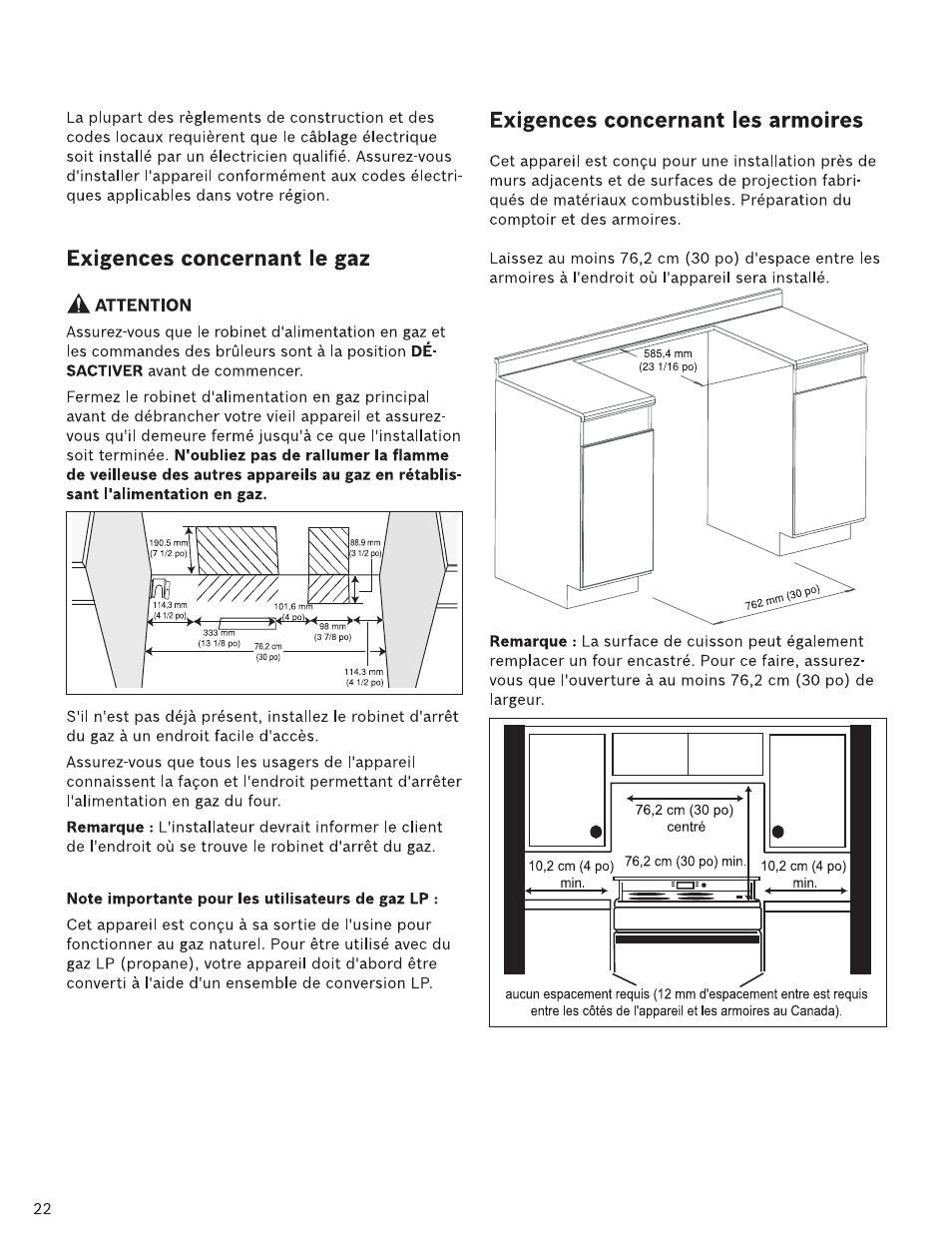 A attention, Note importante pour les utilisateurs de gaz lp, Exigences concernant le gaz | Exigences concernant les armoires | Bosch HDI7282U User Manual | Page 22 / 48