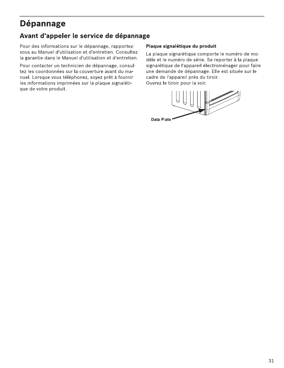 Dépannage, Plaque signalétîque du produit, Avant d'appeler le service de dépannage | Bosch HDI7282U User Manual | Page 31 / 48