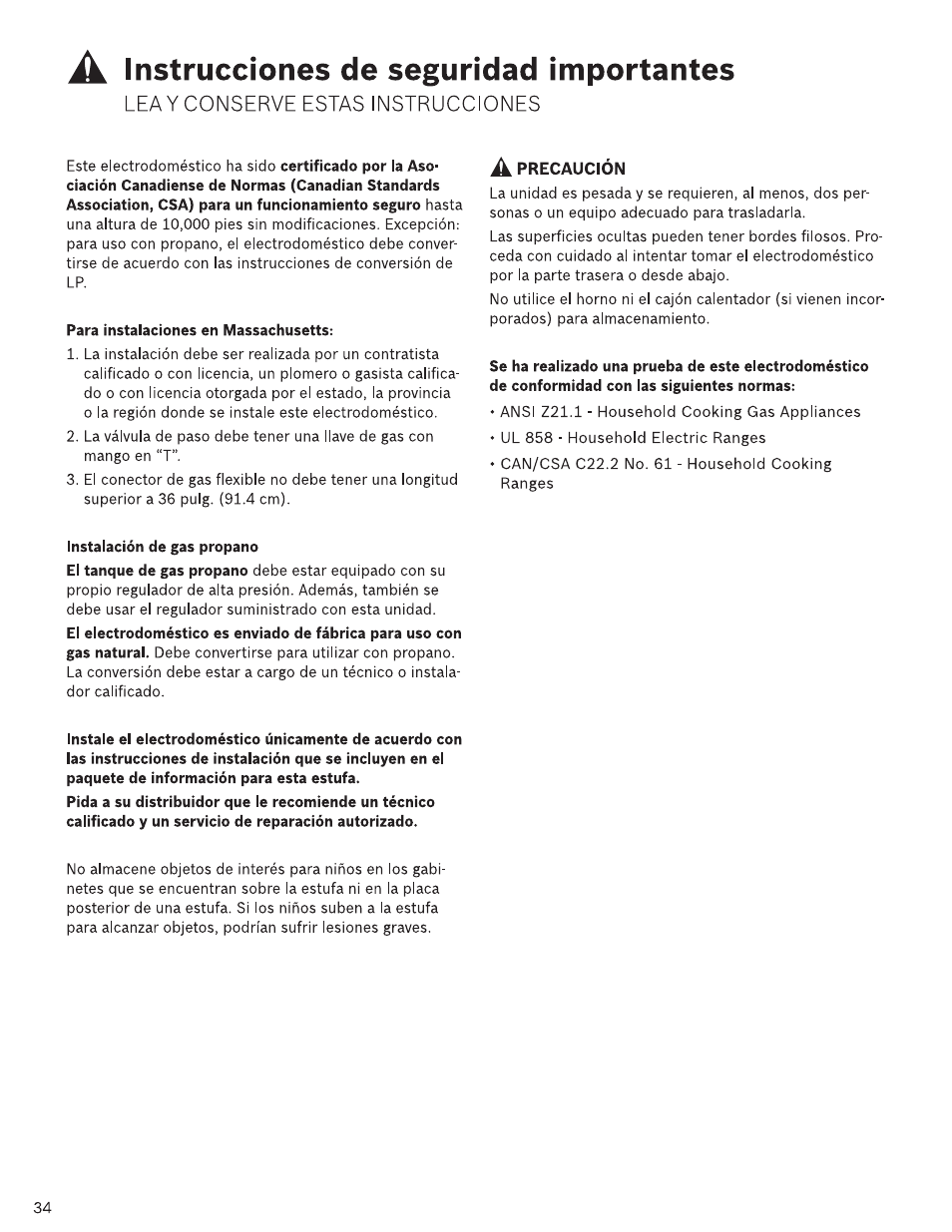A instrucciones de seguridad importantes, Para instaiaciones en massachusetts, Instalación de gas propano | Instrucciones de seguridad importantes, Lea y conserve estas instrucciones | Bosch HDI7282U User Manual | Page 34 / 48