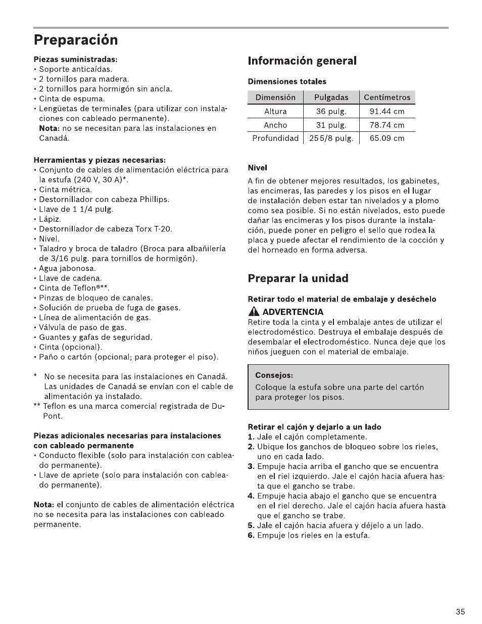 Preparación, Piezas suministradas, Herramientas y piezas necesarias | Nivel, Consejos, Retirar el cajón y dejarlo a un lado, Información general, Preparar la unidad | Bosch HDI7282U User Manual | Page 35 / 48
