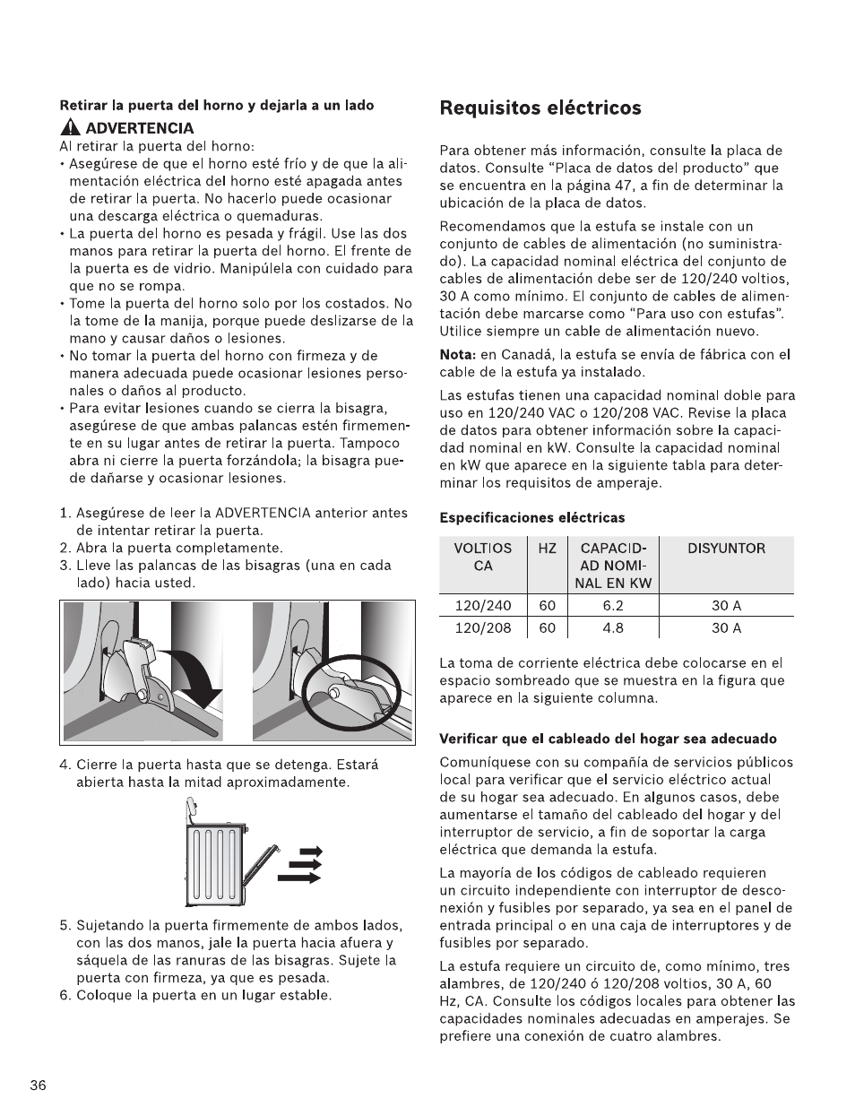 Retirar la puerta del horno y dejarla a un lado, Especificaciones eléctricas, Verificar que el cableado del hogar sea adecuado | Requisitos eiéctricos | Bosch HDI7282U User Manual | Page 36 / 48