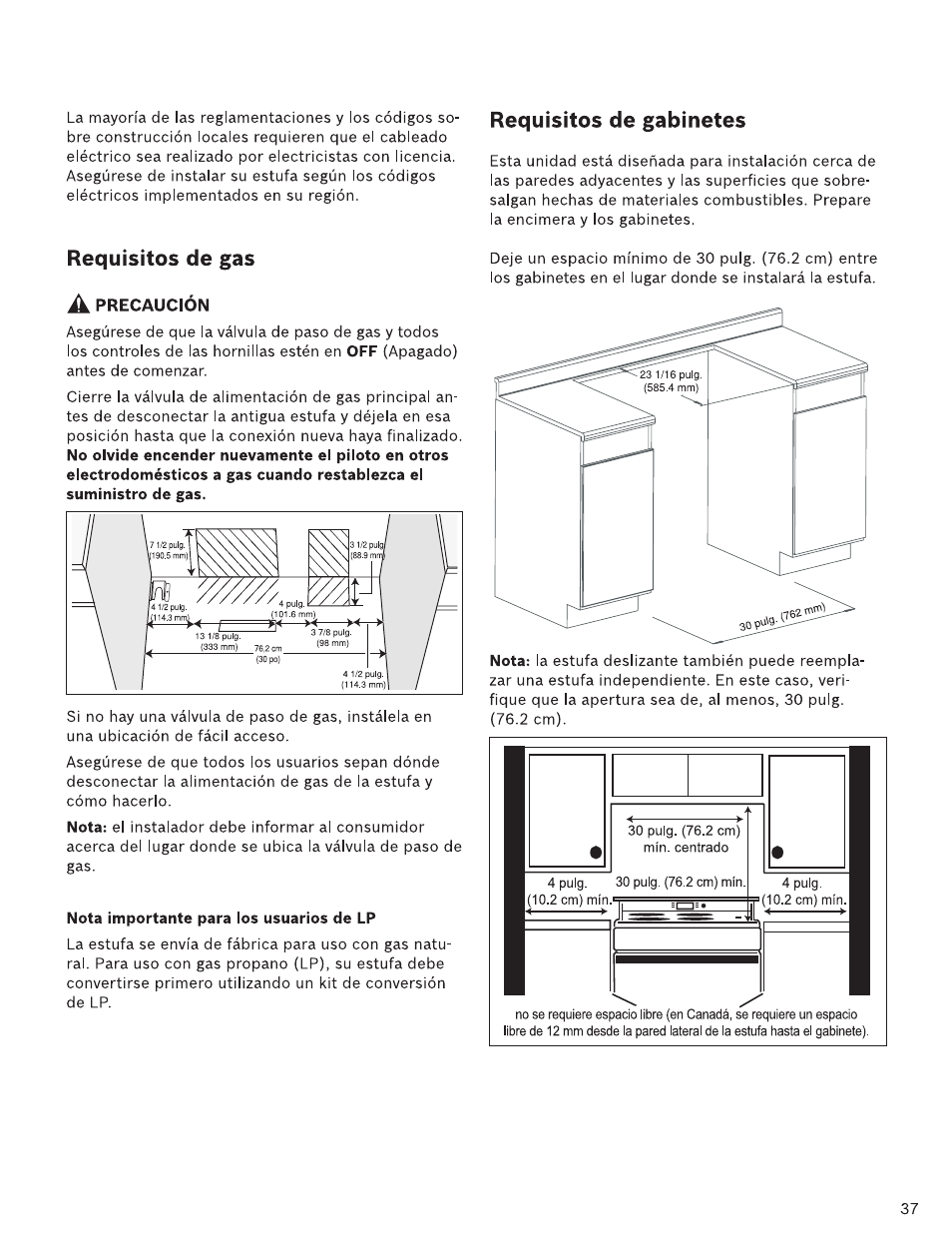A precaución, Nota importante para ios usuarios de lp, Requisitos de gas | Requisitos de gabinetes | Bosch HDI7282U User Manual | Page 37 / 48