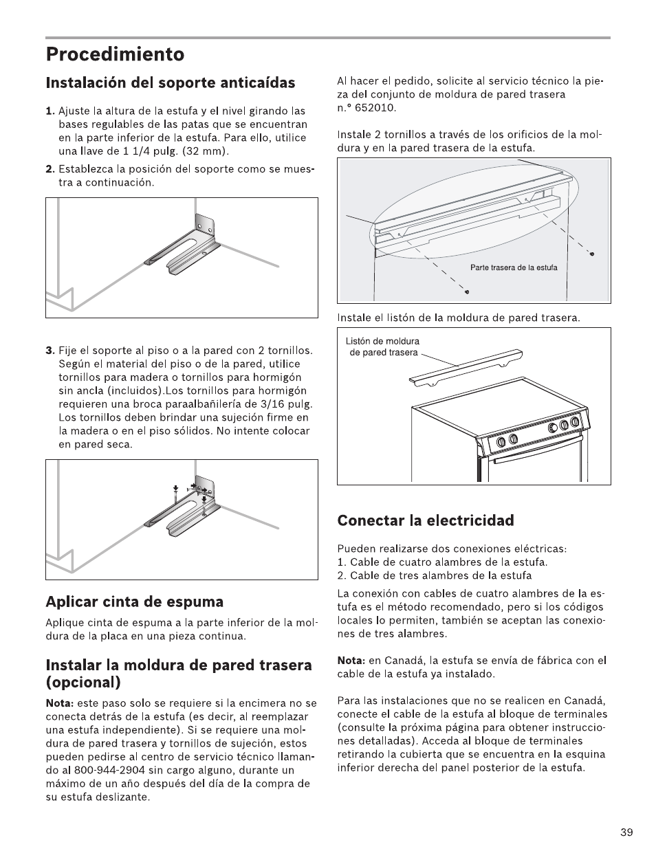 Procedimiento, Instalación del soporte antícaídas, Aplicar cinta de espuma | Instalar la moldura de pared trasera (opcional), Conectar la electricidad | Bosch HDI7282U User Manual | Page 39 / 48