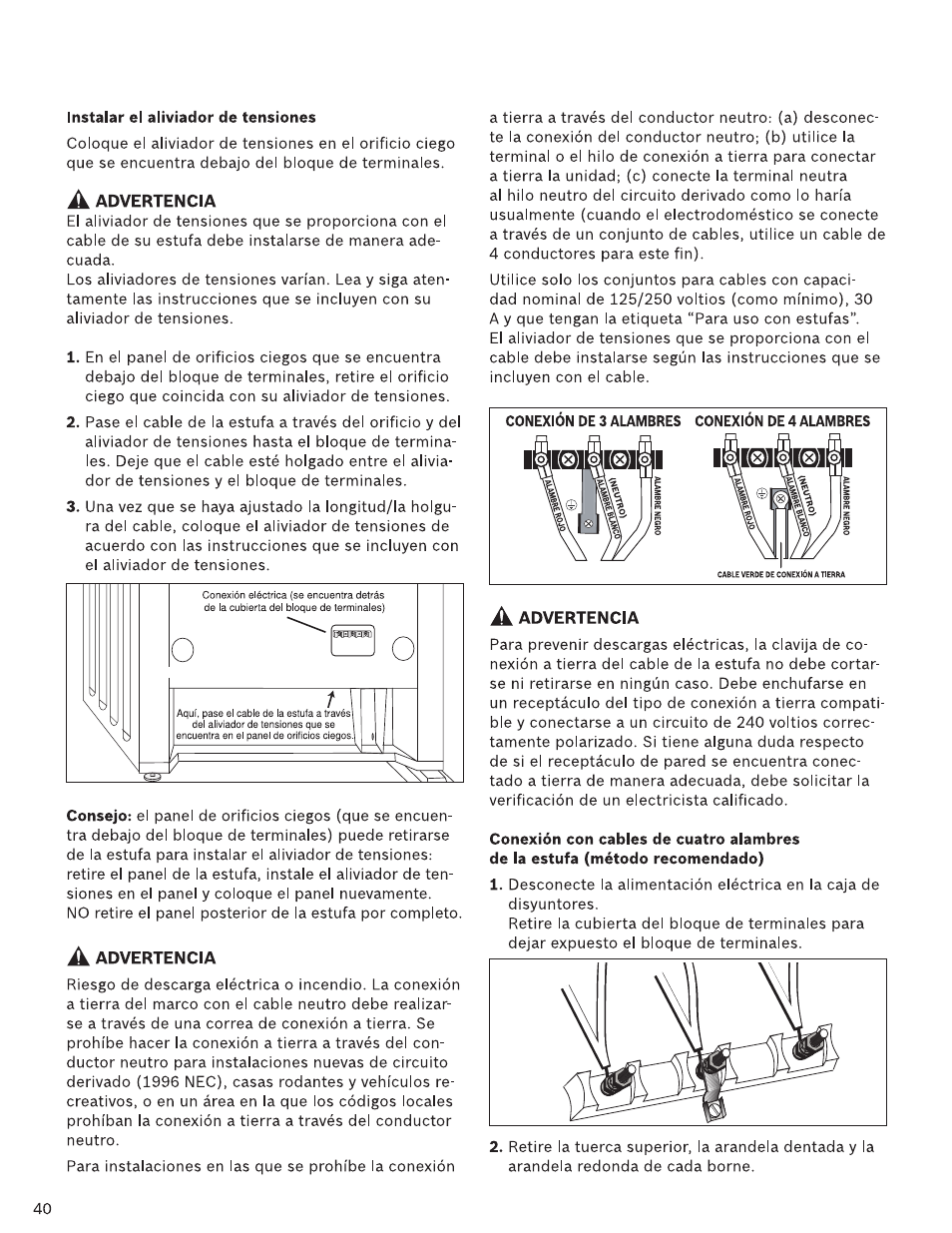 Instalar el aliviador de tensiones, Conexión de 3 alambres conexión de 4 alambres | Bosch HDI7282U User Manual | Page 40 / 48