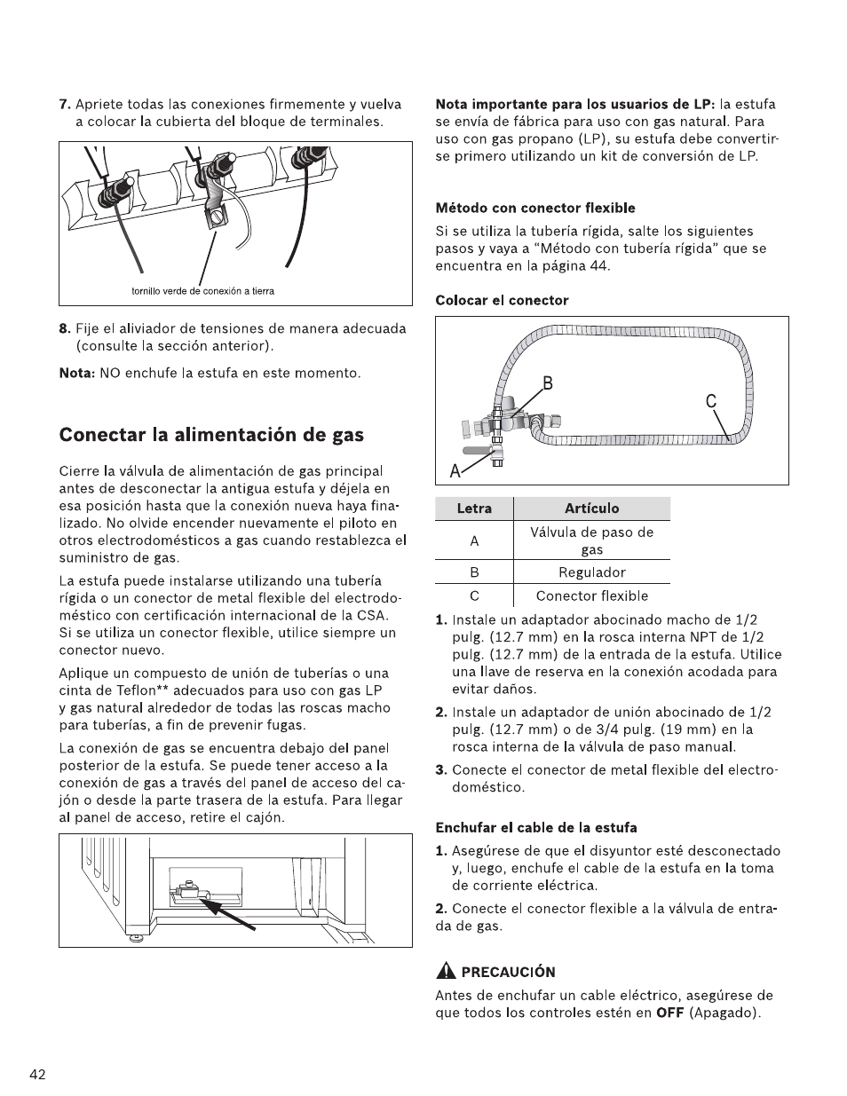 Método con conector flexible, Colocar el conector, Enchufar el cable de la estufa | A precaución, Conectar la alimentación de gas | Bosch HDI7282U User Manual | Page 42 / 48