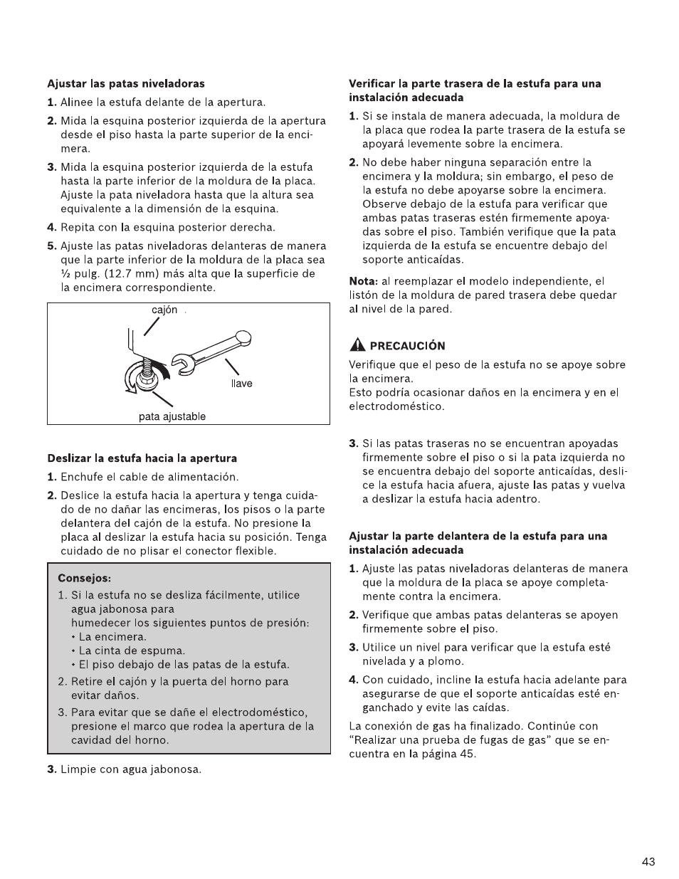 Ajustar las patas niveladoras, Deslizar la estufa hacía la apertura, A precaución | Ajustar la parte delantera de la estufa para una | Bosch HDI7282U User Manual | Page 43 / 48