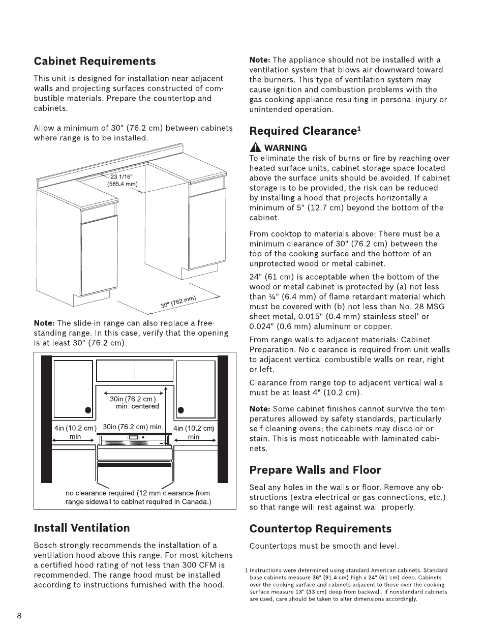 A warning, Cabinet requirements, Install ventilation | Required clearance, Prepare walls and floor, Countertop requirements | Bosch HDI7282U User Manual | Page 8 / 48