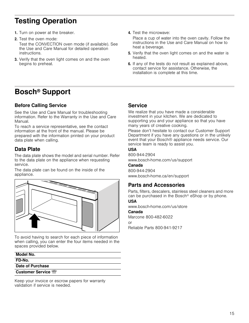 Testing operation, Turn on power at the breaker, Test the oven mode | Test the microwave, Bosch® support, Before calling service, Data plate, Service, Parts and accessories, Ation | Bosch HMV5052U User Manual | Page 15 / 32