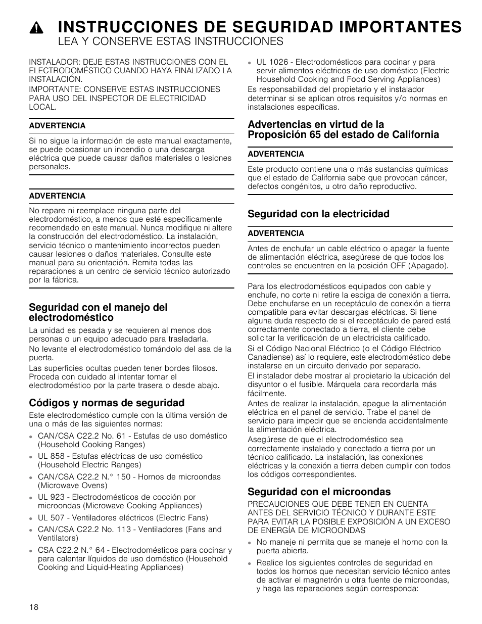 Instrucciones de seguridad importantes, Lea y conserve estas instrucciones, Advertencia | Seguridad con el manejo del electrodoméstico, Códigos y normas de seguridad, Seguridad con la electricidad, Seguridad con el microondas, Ul 507 - ventiladores eléctricos (electric fans) | Bosch HMV5052U User Manual | Page 18 / 32