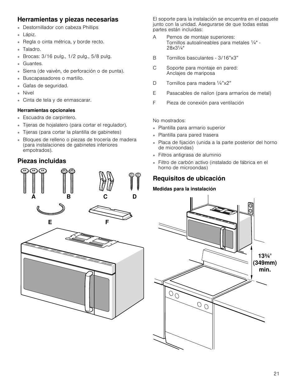 Herramientas y piezas necesarias, Herramientas opcionales, Piezas incluidas | Requisitos de ubicación, Medidas para la instalación, Ë pp plq | Bosch HMV5052U User Manual | Page 21 / 32