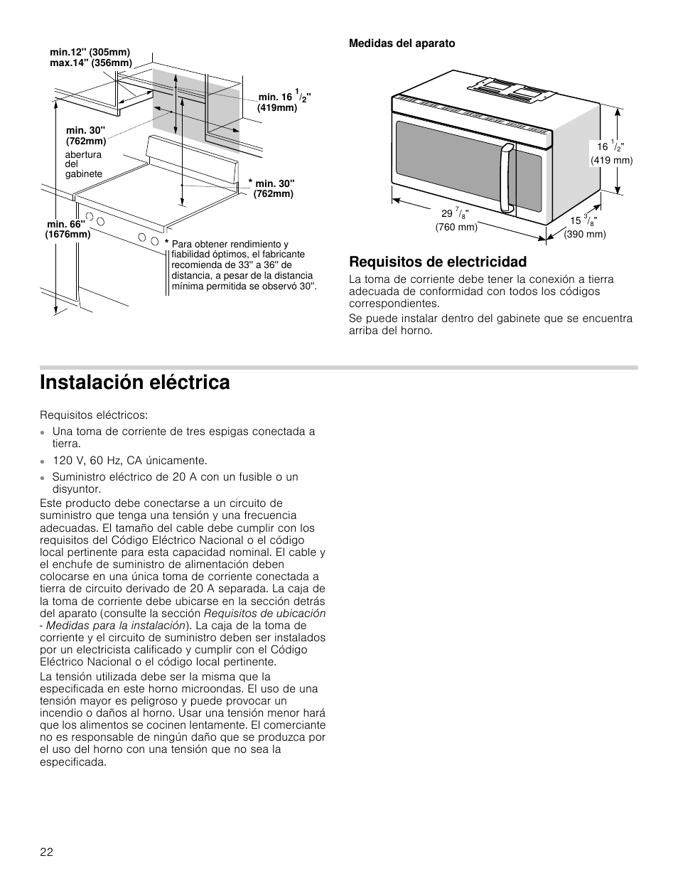 Medidas del aparato, Requisitos de electricidad, Instalación eléctrica | Bosch HMV5052U User Manual | Page 22 / 32