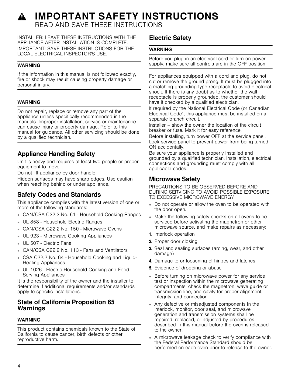 Important safety instructions, Read and save these instructions, Warning | Appliance handling safety, Safety codes and standards, State of california proposition 65 warnings, Electric safety, Microwave safety, Interlock operation, Proper door closing | Bosch HMV5052U User Manual | Page 4 / 32