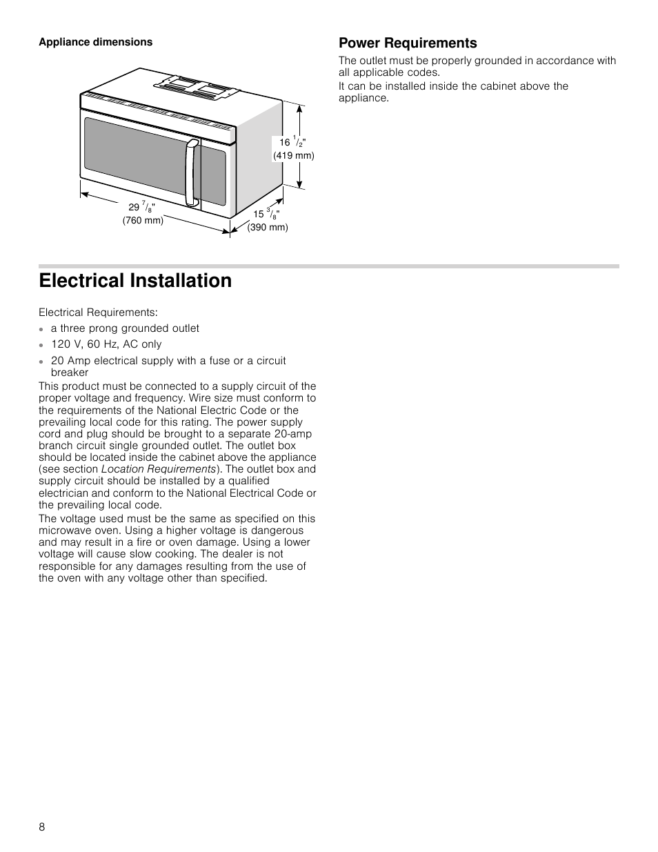 Appliance dimensions, Power requirements, Electrical installation | Ical installation | Bosch HMV5052U User Manual | Page 8 / 32