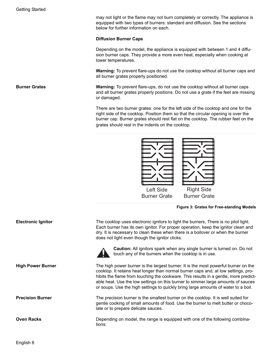 Burner grates, Figure 3: grates for free-standing models, Electronic ignitor | High power burner, Precision burner, Oven racks | Bosch HGS7052UC User Manual | Page 12 / 56