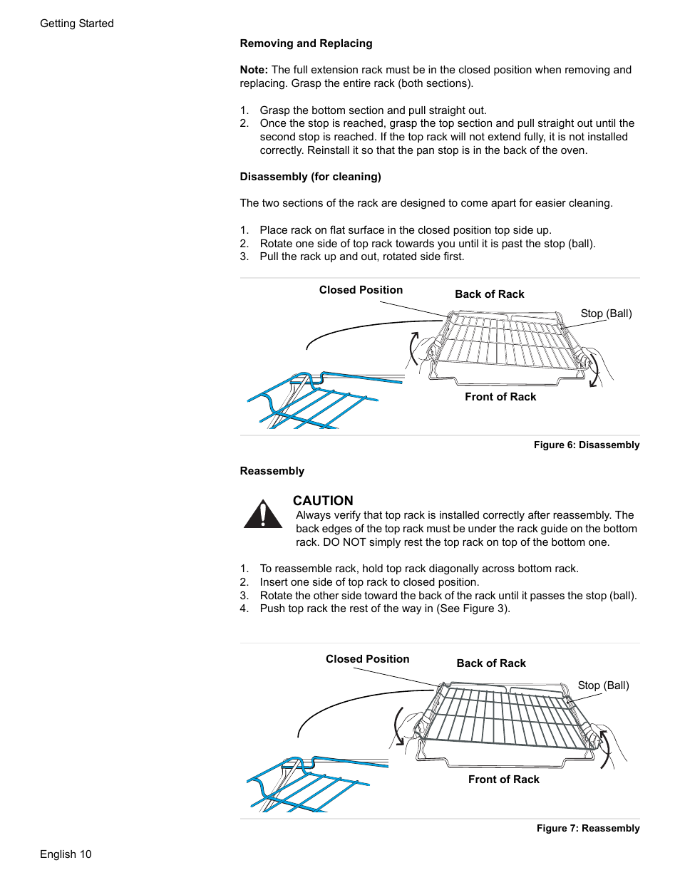 Grasp the bottom section and pull straight out, Pull the rack up and out, rotated side first, Figure 6: disassembly | Insert one side of top rack to closed position, Figure 7: reassembly | Bosch HGS7052UC User Manual | Page 14 / 56