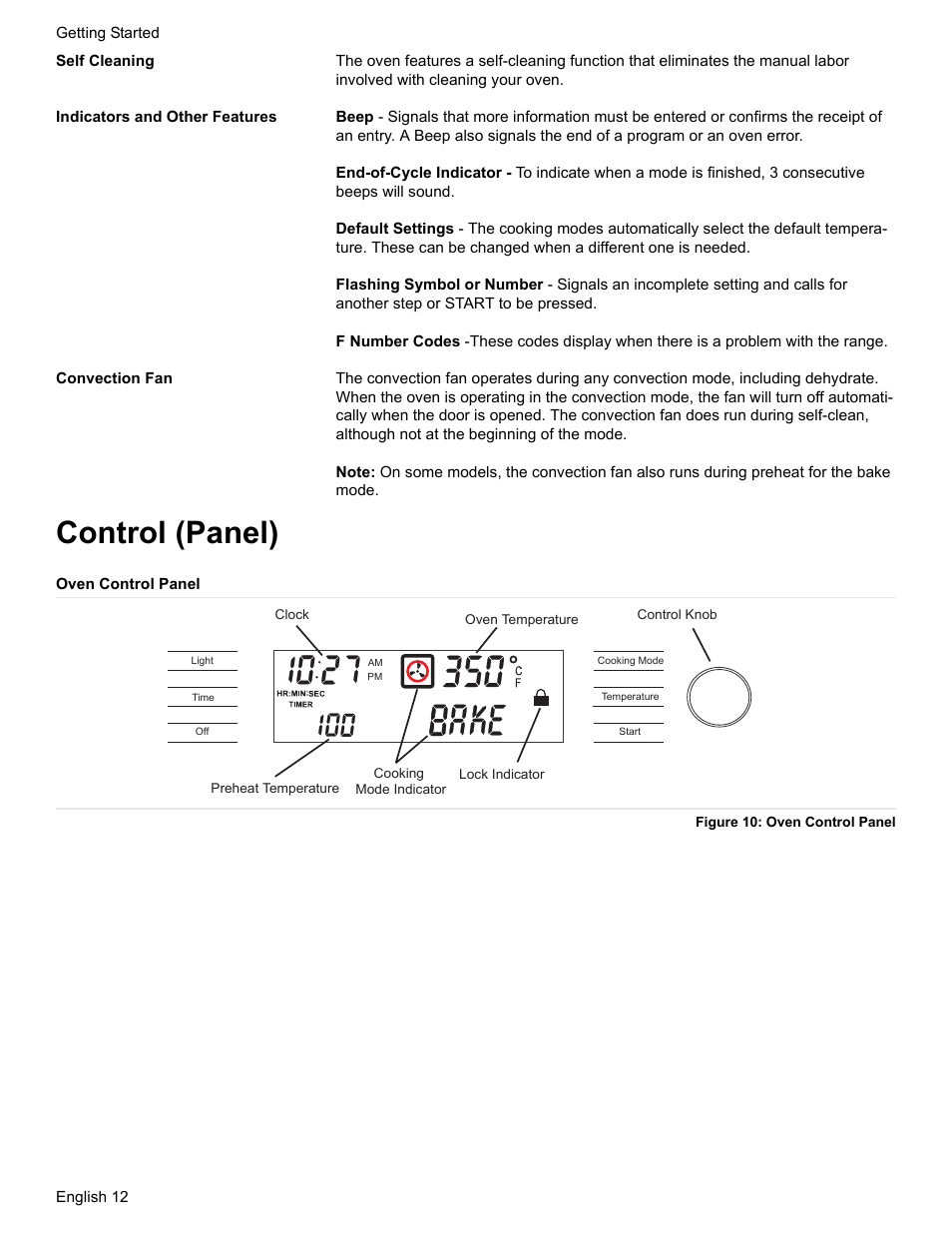 Self cleaning, Indicators and other features, Convection fan | Control (panel), Oven control panel, Figure 10: oven control panel | Bosch HGS7052UC User Manual | Page 16 / 56