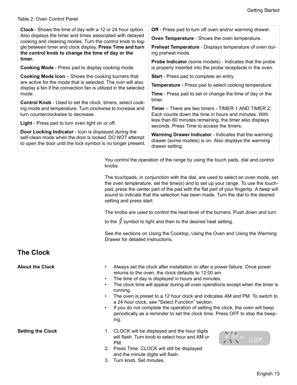 Table 2: oven control panel, The clock, About the clock | Setting the clock, Clock, Turn knob. set minutes | Bosch HGS7052UC User Manual | Page 17 / 56