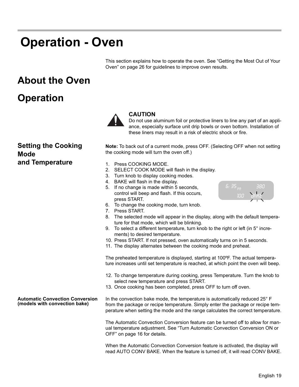 Operation - oven, About the oven, Operation | Setting the cooking mode and temperature, Press cooking mode, Select cook mode will flash in the display, Turn knob to display cooking modes, Bake will flash in the display, Bake, To change the cooking mode, turn knob | Bosch HGS7052UC User Manual | Page 23 / 56