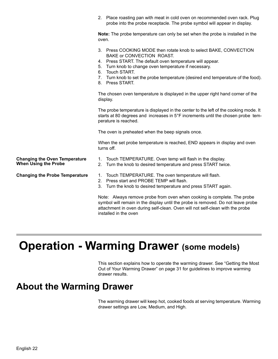 Turn knob to change oven temperature if necessary, Touch start, Press start | Changing the oven temperature when using the probe, Changing the probe temperature, Touch temperature. the oven temperature will flash, Press start and probe temp will flash, Operation - warming drawer (some models), About the warming drawer, Operation - warming drawer | Bosch HGS7052UC User Manual | Page 26 / 56