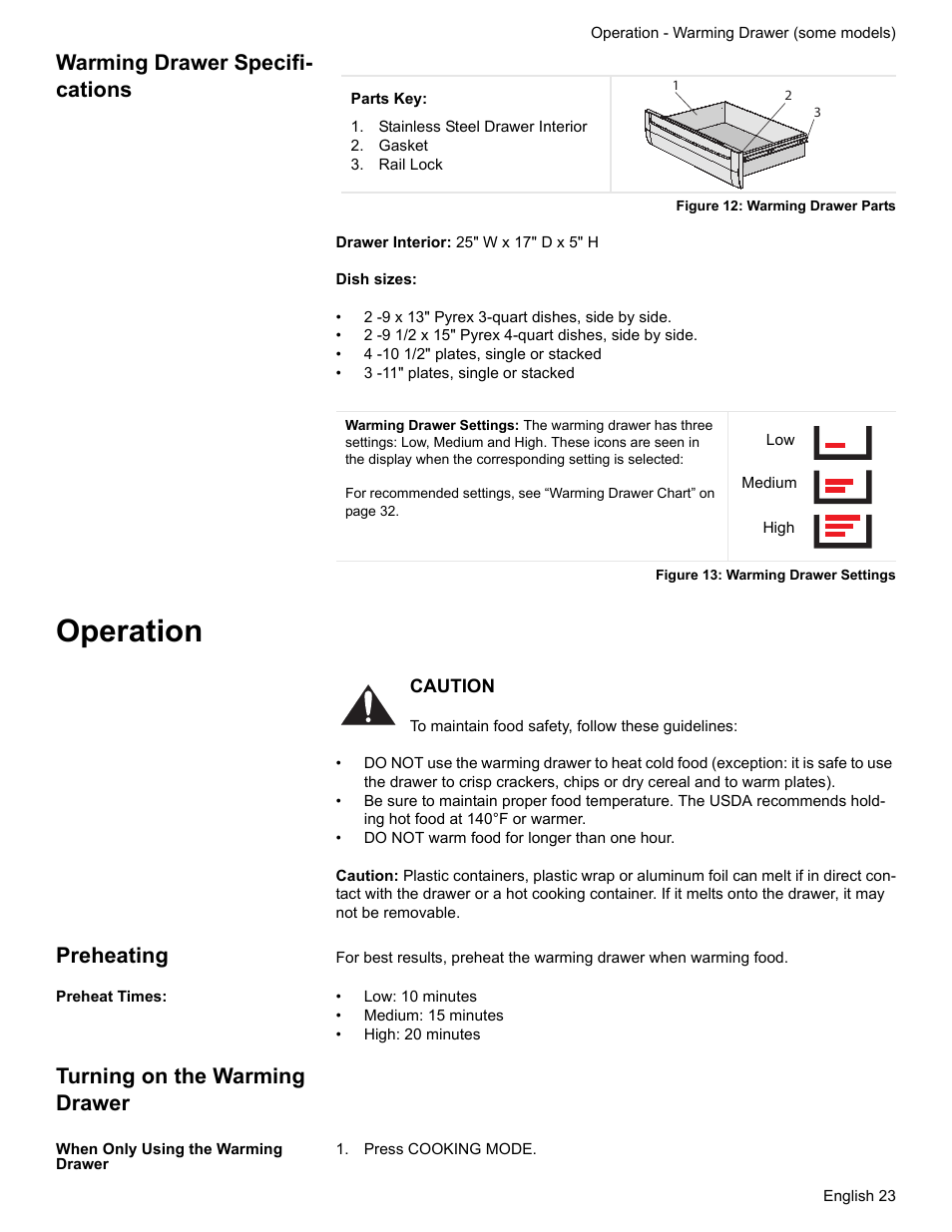 Warming drawer specifications, Stainless steel drawer interior, Gasket | Rail lock, Figure 12: warming drawer parts, Figure 13: warming drawer settings, Operation, Preheating, Preheat times, Turning on the warming drawer | Bosch HGS7052UC User Manual | Page 27 / 56