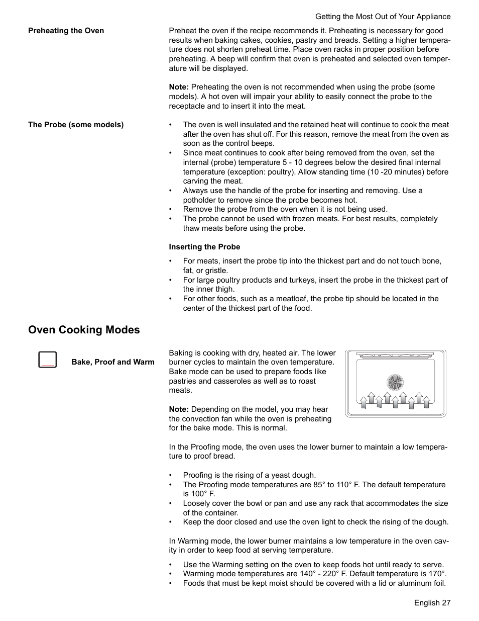 Preheating the oven, The probe (some models), Oven cooking modes | Bake, proof and warm | Bosch HGS7052UC User Manual | Page 31 / 56