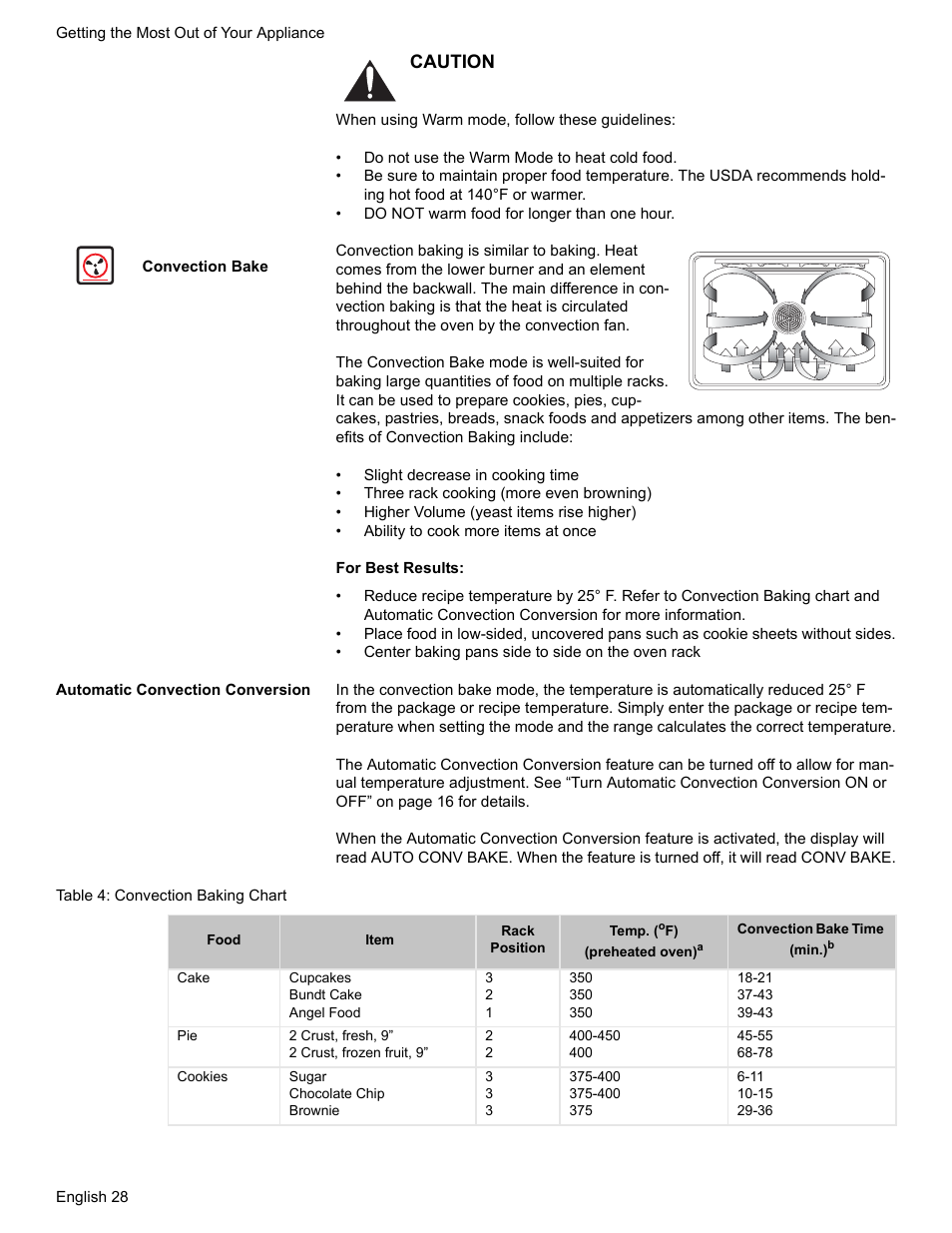 Convection bake, Automatic convection conversion, Table 4: convection baking chart | Caution | Bosch HGS7052UC User Manual | Page 32 / 56