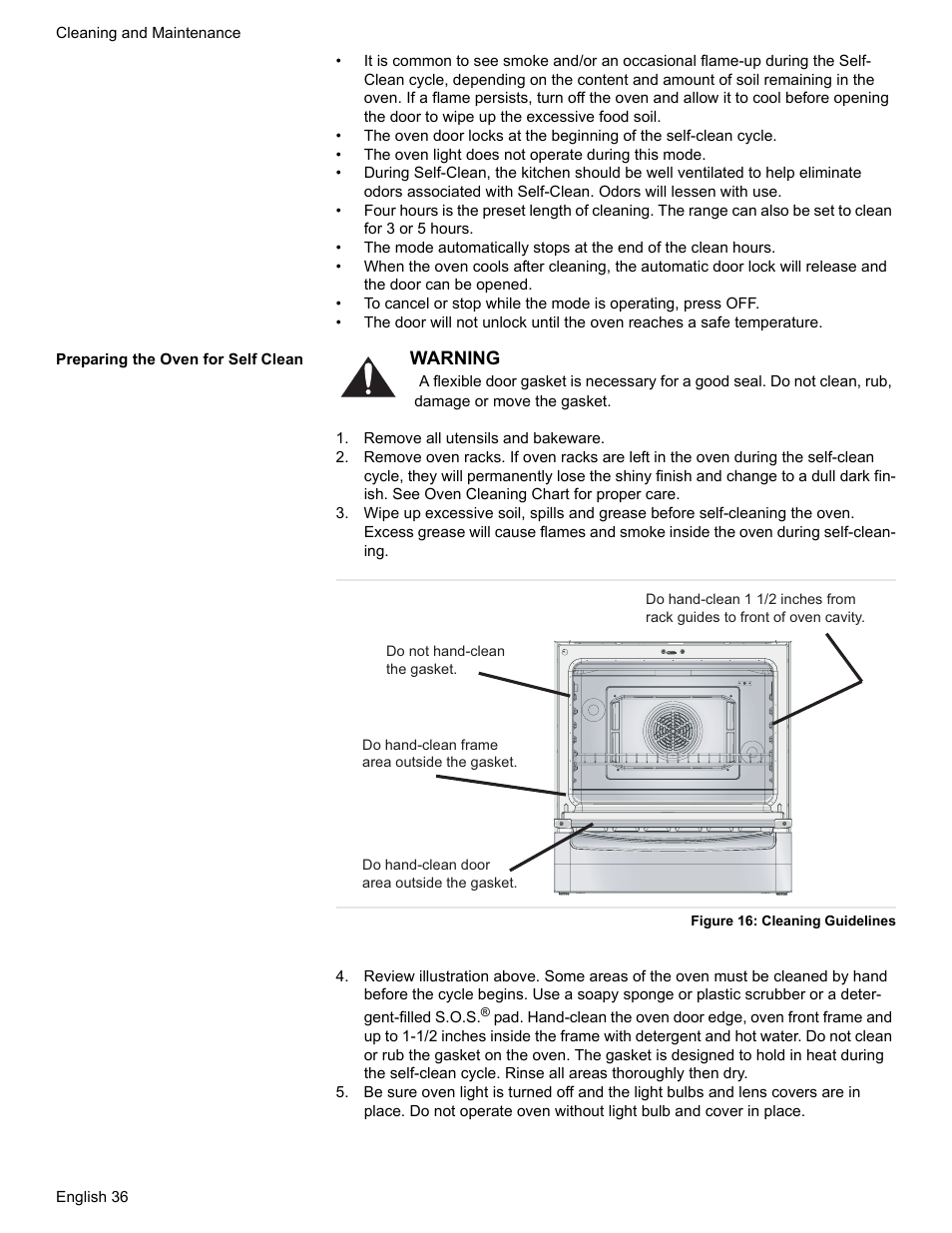 Preparing the oven for self clean, Remove all utensils and bakeware, Figure 16: cleaning guidelines | Bosch HGS7052UC User Manual | Page 40 / 56
