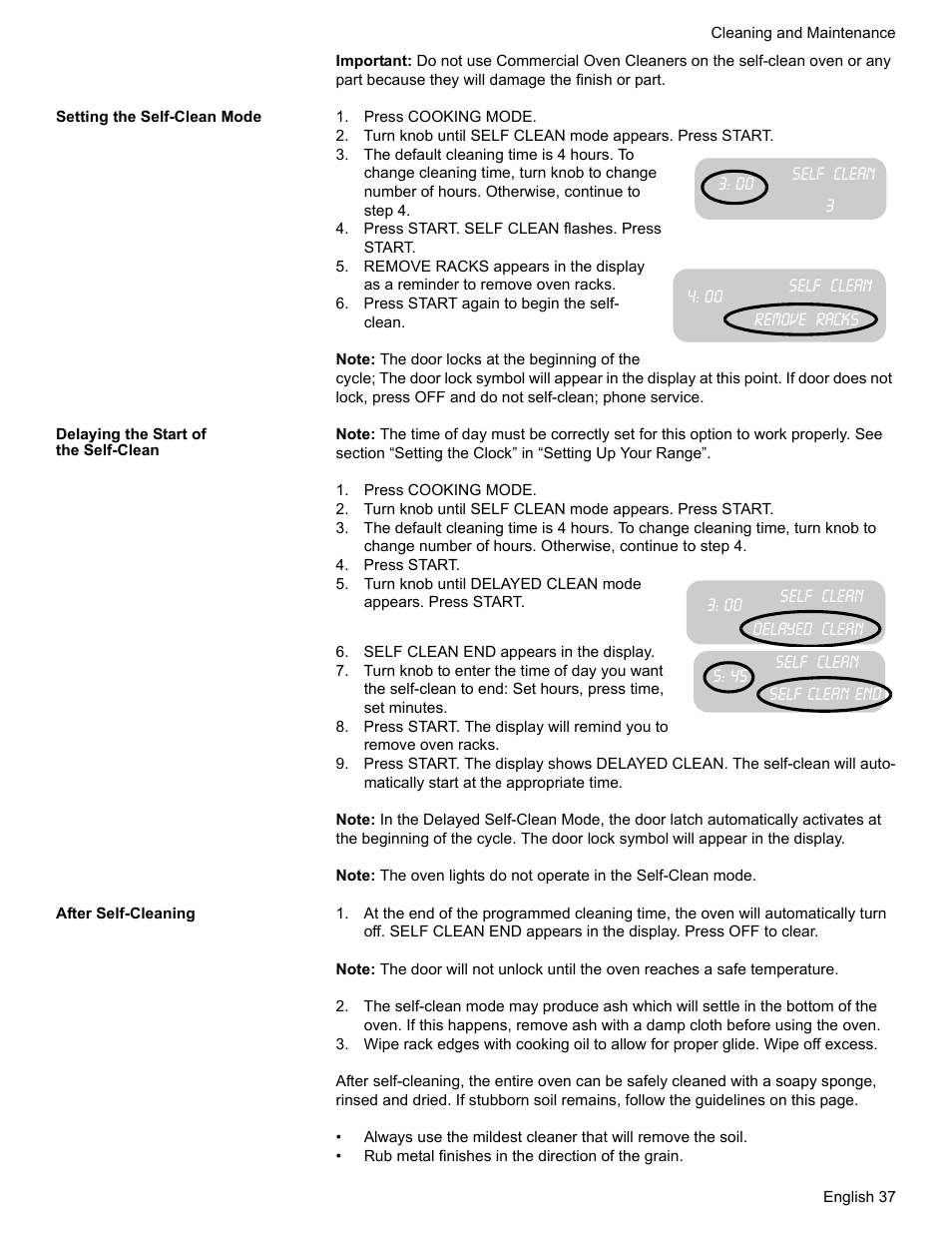 Setting the self-clean mode, Press cooking mode, Press start. self clean flashes. press start | Remove racks, Press start again to begin the self- clean, Delaying the start of the self-clean, Press start, Self clean end appears in the display, After self-cleaning | Bosch HGS7052UC User Manual | Page 41 / 56