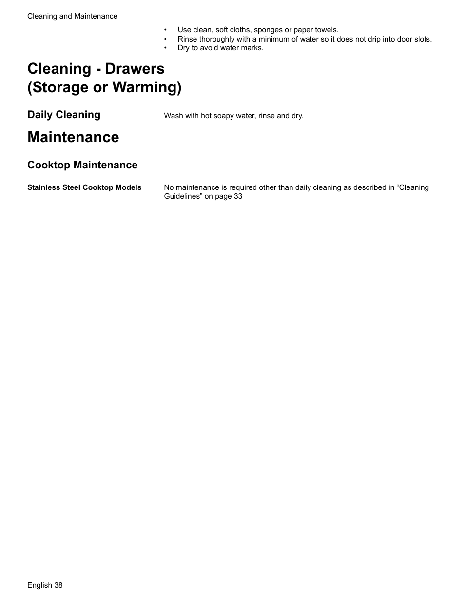 Cleaning - drawers (storage or warming), Daily cleaning, Maintenance | Cooktop maintenance, Stainless steel cooktop models | Bosch HGS7052UC User Manual | Page 42 / 56