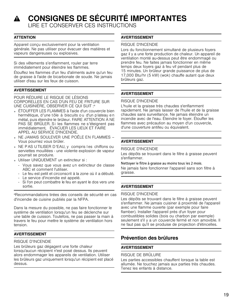 Consignes de sécurité importantes, Lire et conserver ces instructions, Prévention des brûlures | Bosch HCP30E51UC User Manual | Page 19 / 44
