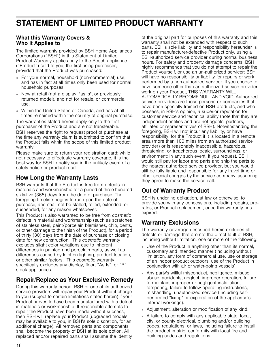 Statement of limited product warranty, How long the warranty lasts, Repair/replace as your exclusive remedy | Out of warranty product, Warranty exclusions | Bosch NEM5066UC User Manual | Page 13 / 40