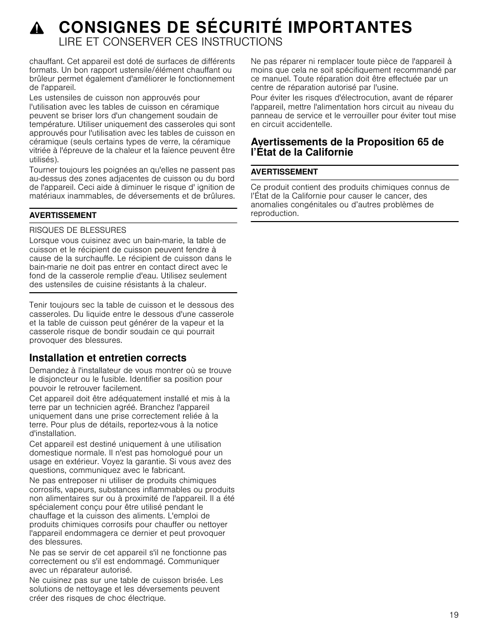 Avertissement, Risques de blessures, Installation et entretien corrects | Consignes de sécurité importantes, Lire et conserver ces instructions | Bosch NEM5066UC User Manual | Page 19 / 40