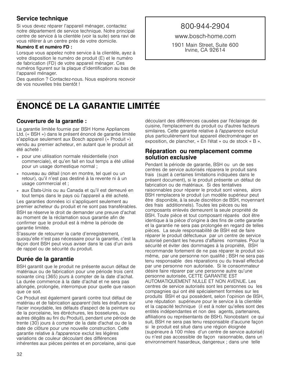 Énoncé de la garantie limitée, Service technique, Durée de la garantie | Zzzervfkkrphfrp | Bosch NEM5066UC User Manual | Page 25 / 40