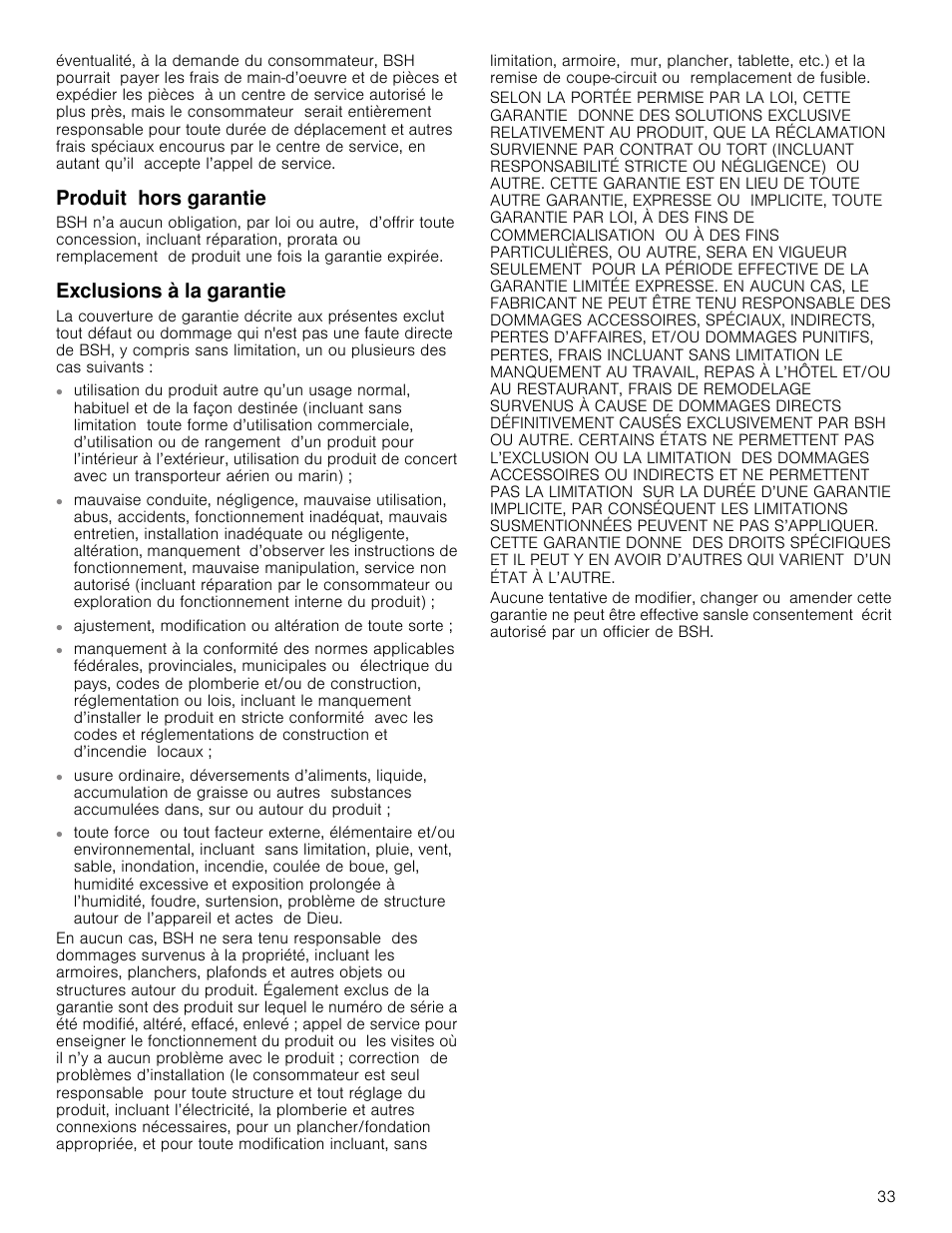 Produit hors garantie, Exclusions à la garantie | Bosch NEM5066UC User Manual | Page 26 / 40