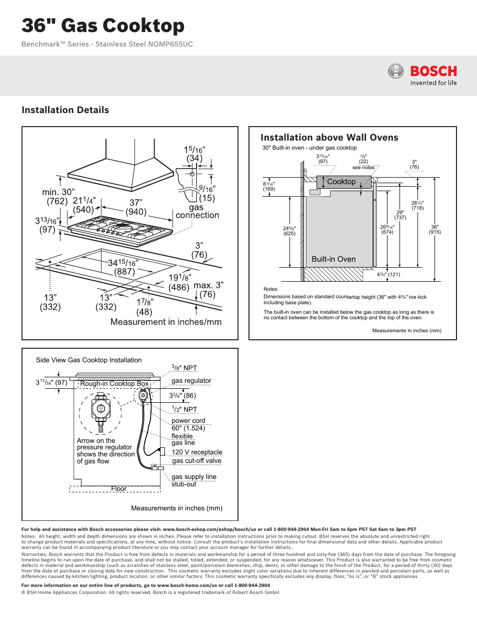 36" gas cooktop, Installation details, Installation above wall ovens | Cooktop built-in oven, Benchmark™ series - stainless steel ngmp655uc | Bosch NGMP655UC User Manual | Page 2 / 2