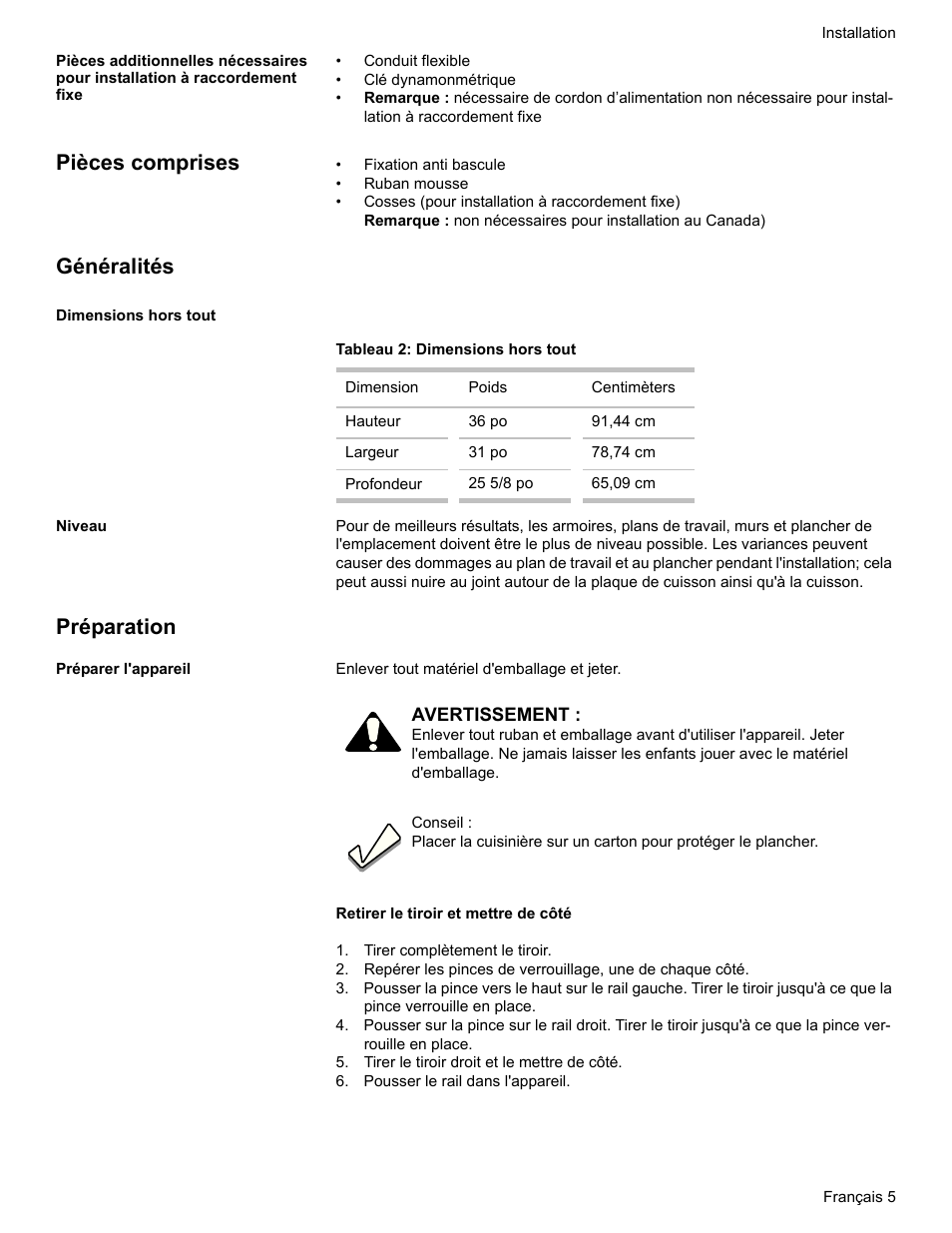 Pièces comprises, Généralités, Dimensions hors tout | Tableau 2: dimensions hors tout, Niveau, Préparation, Préparer l'appareil, Tirer complètement le tiroir, Tirer le tiroir droit et le mettre de côté, Pousser le rail dans l'appareil | Bosch HDI7052U User Manual | Page 33 / 80