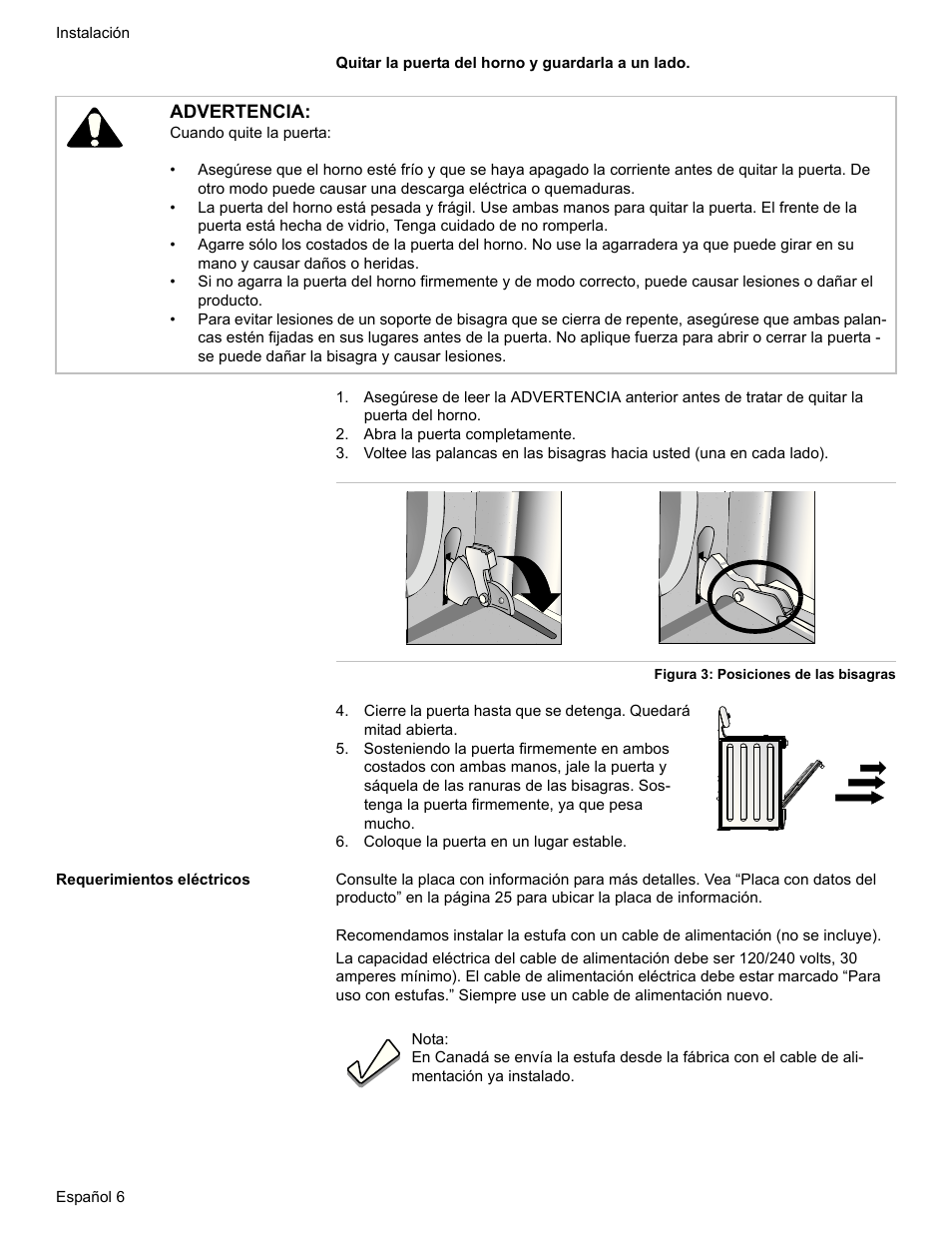 Abra la puerta completamente, Coloque la puerta en un lugar estable, Requerimientos eléctricos | Advertencia | Bosch HDI7052U User Manual | Page 60 / 80