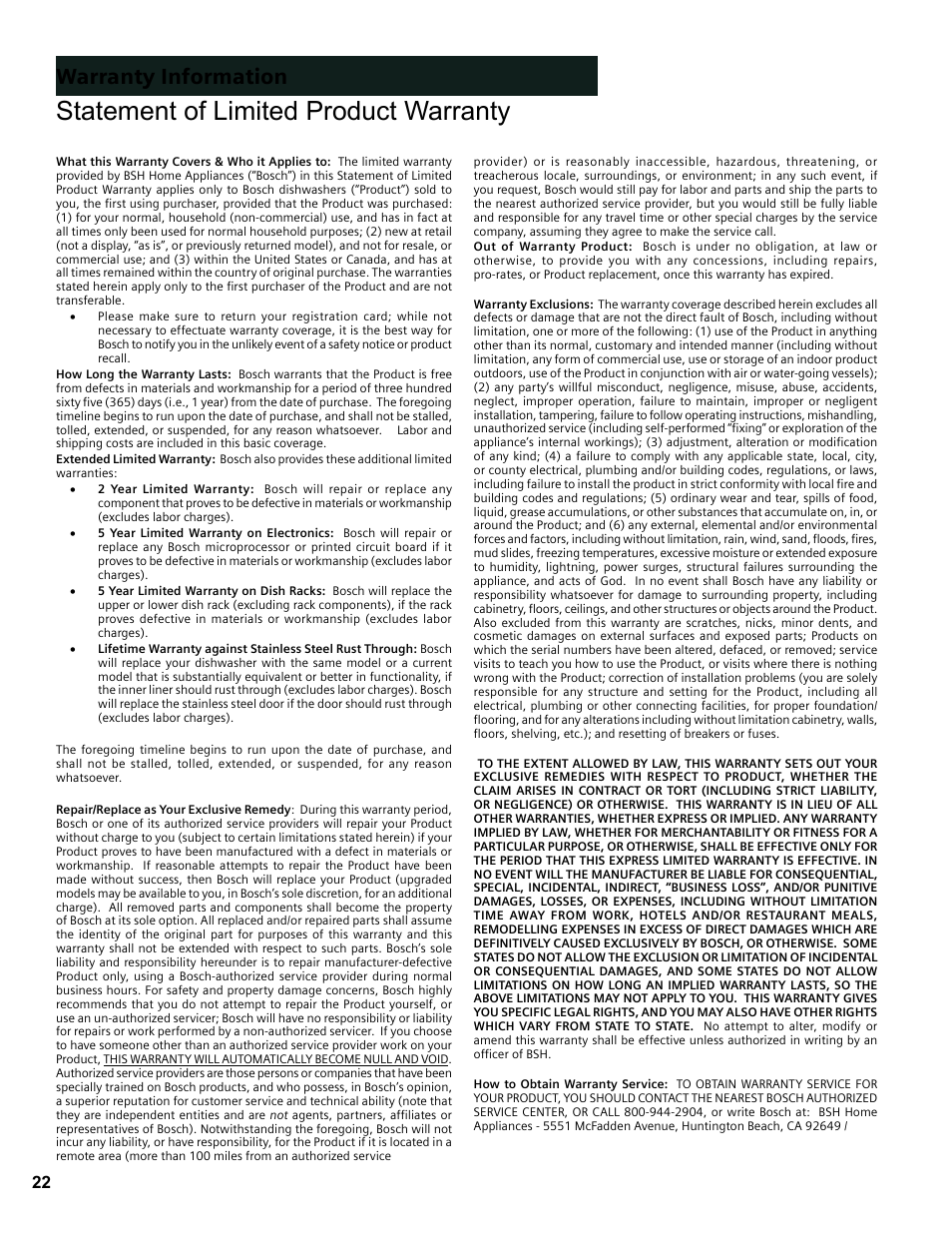 Statement of limited product warranty, Warranty information | Bosch SGE63E06UC User Manual | Page 22 / 64