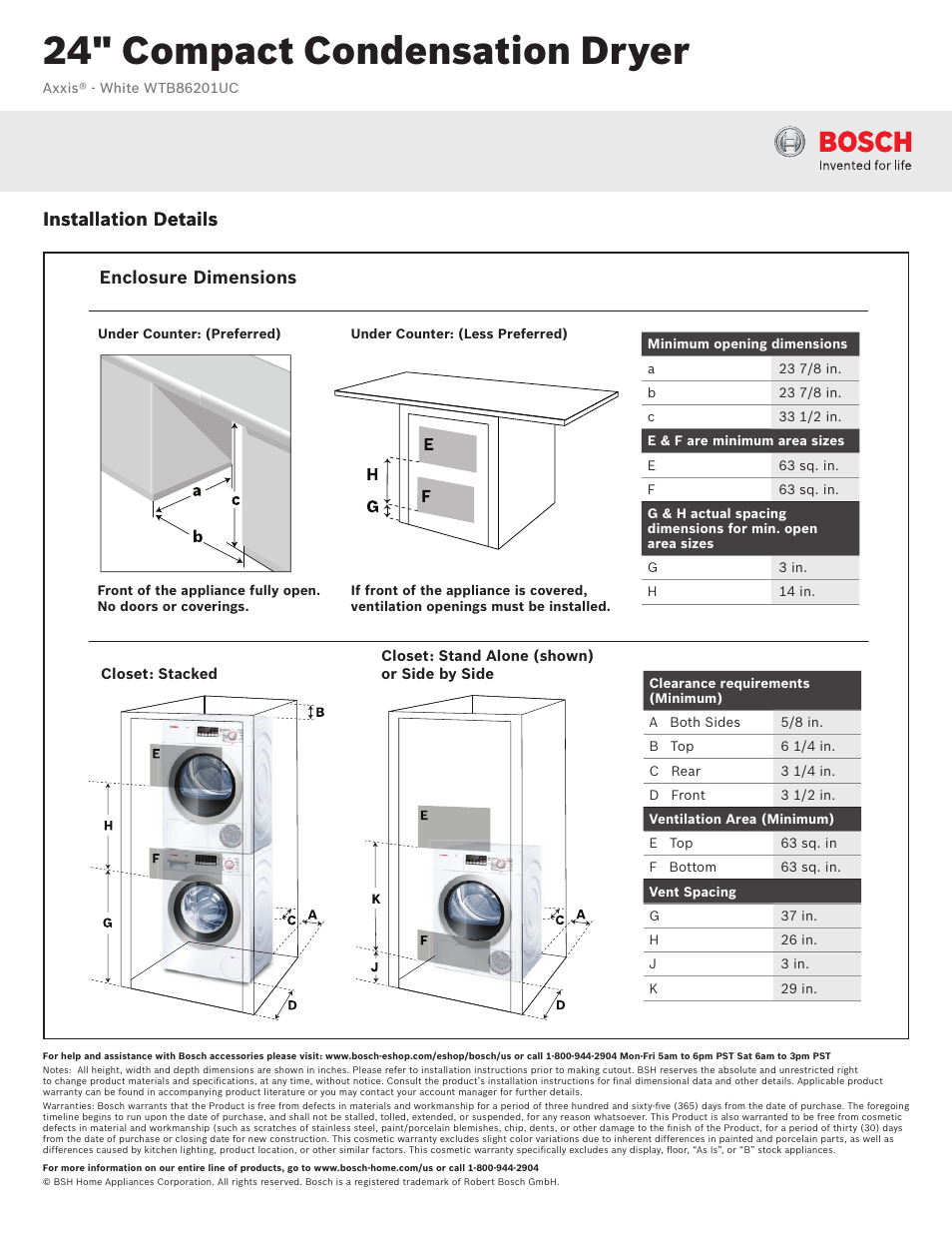 24" compact condensation dryer, Installation details, Enclosure dimensions | Bosch WTB86201UC User Manual | Page 3 / 3