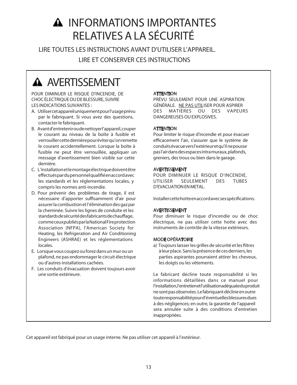 Avertissement, Informations importantes relatives a la sécurité | Bosch DPH36652UC User Manual | Page 13 / 32