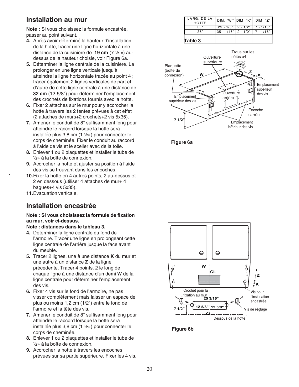 Installation au mur, Installation encastrée | Bosch DPH36652UC User Manual | Page 20 / 32