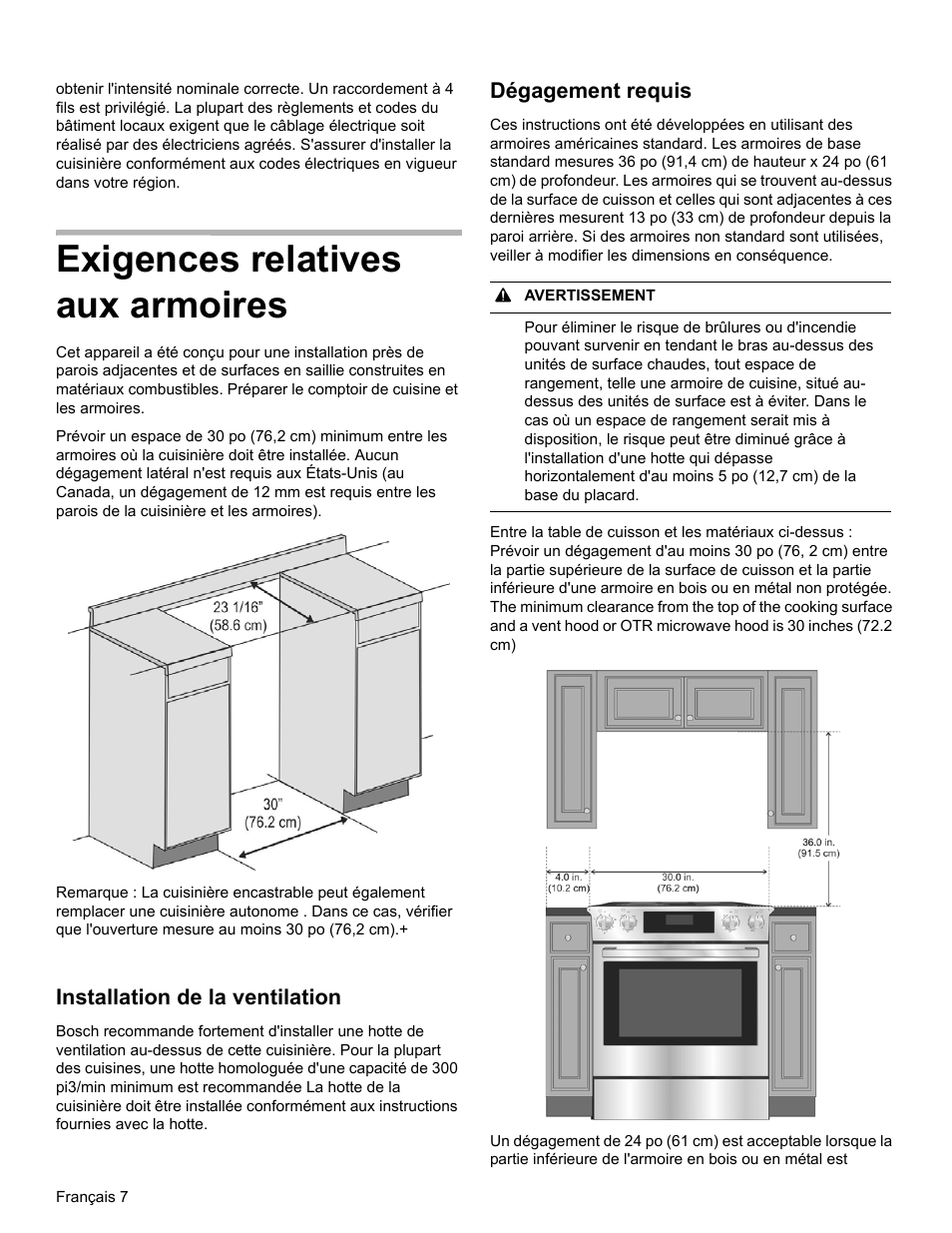 Exigences relatives aux armoires, Installation de la ventilation, Dégagement requis | Bosch HEIP054U User Manual | Page 26 / 56