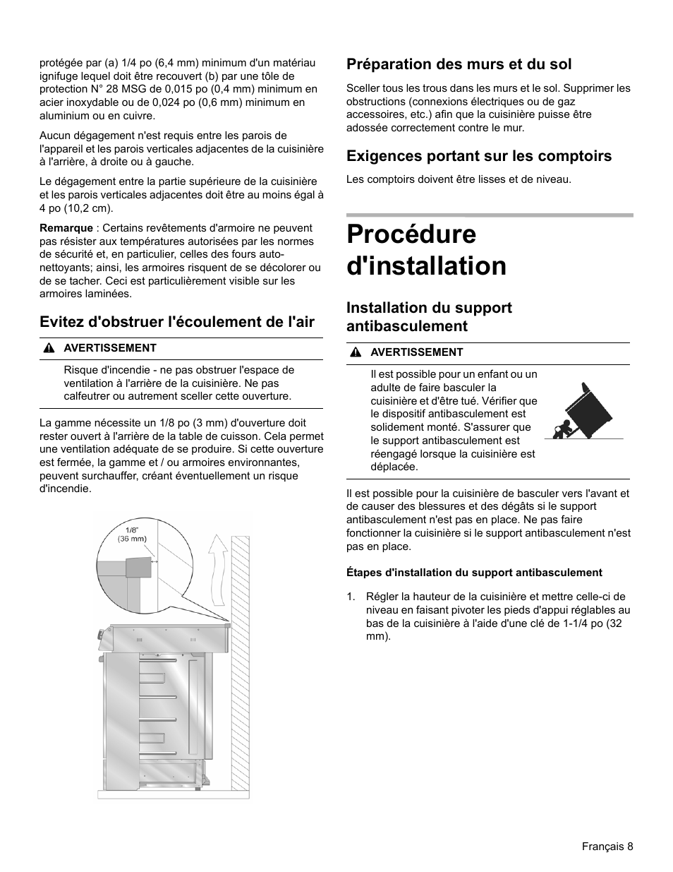 Procédure d'installation, Evitez d'obstruer l'écoulement de l'air, Préparation des murs et du sol | Exigences portant sur les comptoirs, Installation du support antibasculement | Bosch HEIP054U User Manual | Page 27 / 56