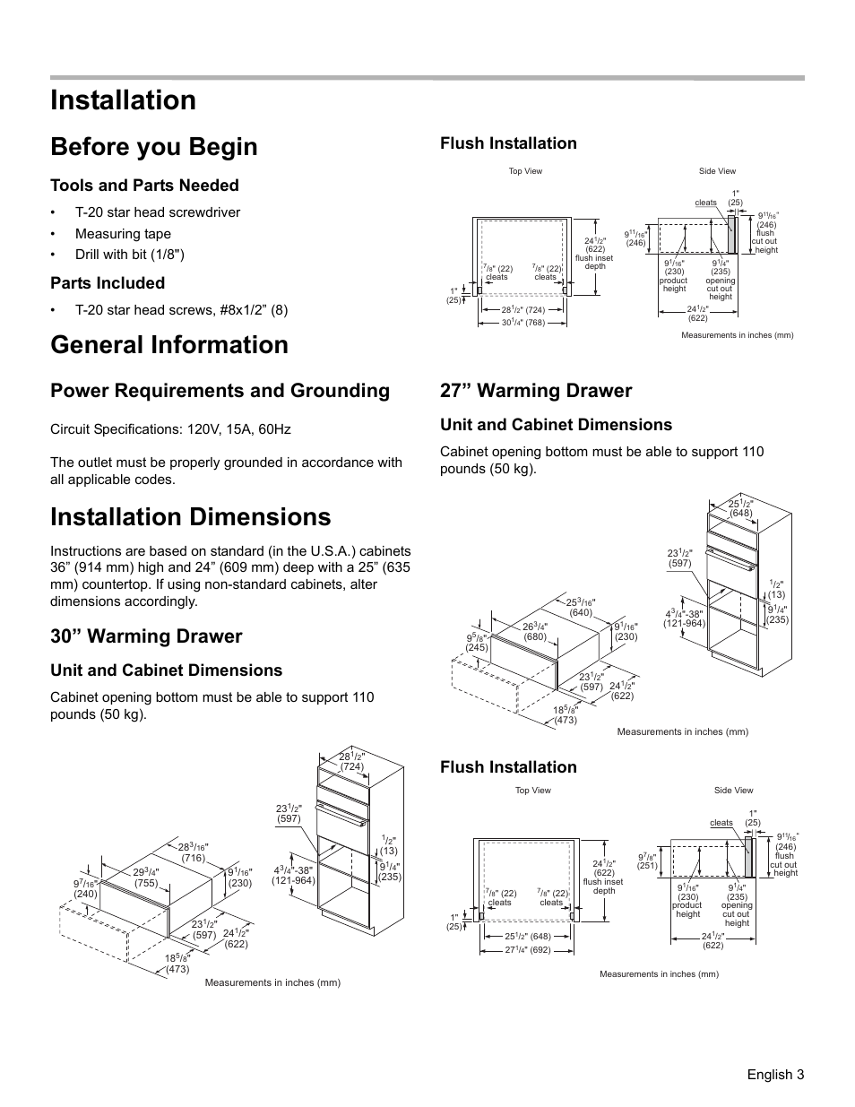 Installation, Before you begin, General information | Installation dimensions, Power requirements and grounding, 30” warming drawer, 27” warming drawer, Tools and parts needed, Parts included, Unit and cabinet dimensions | Bosch HWD5051UC User Manual | Page 5 / 24