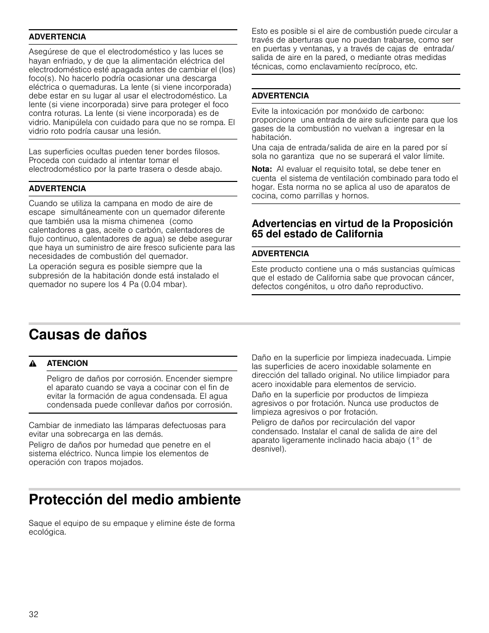 Advertencia, Nota, Causas de daños | 9 atencion, Protección del medio ambiente, Estado de california causas de daños, Ección del medio ambiente | Bosch HIB82651UC User Manual | Page 32 / 40