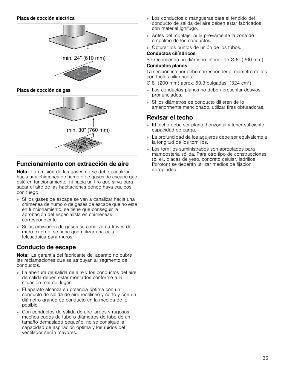 Funcionamiento con extracción de aire, Nota, Conducto de escape | Revisar el techo | Bosch HIB82651UC User Manual | Page 35 / 40